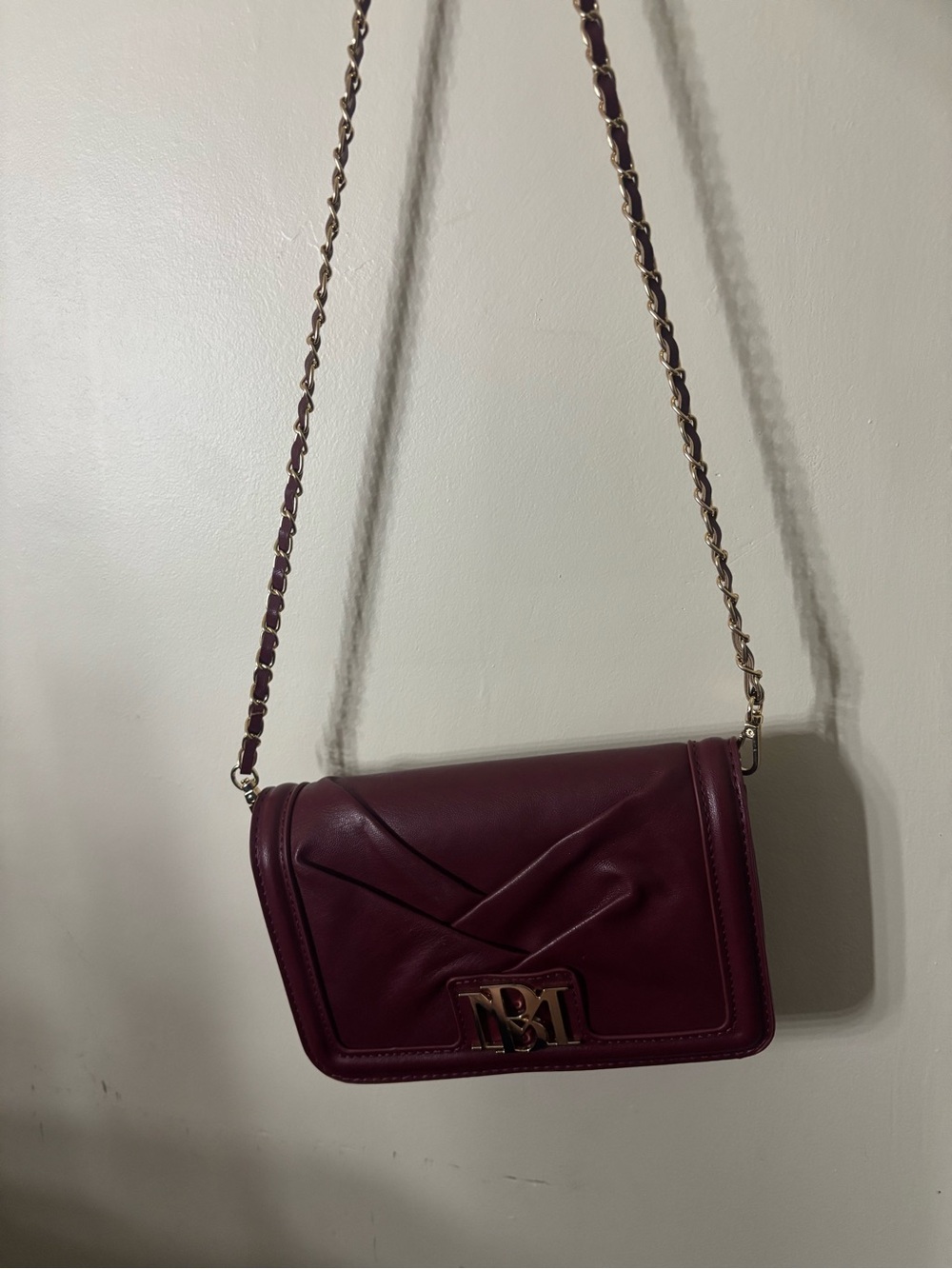 Burgundy Leather Crossbody Bag with Gold Chain Strap